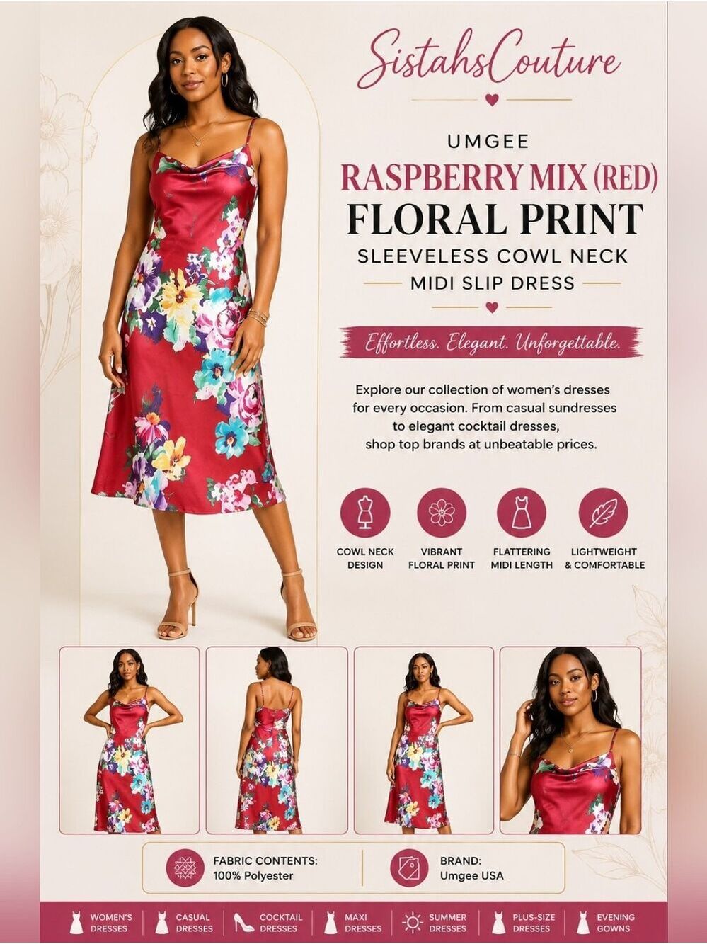 UMGEE | Raspberry Mix (Red) Floral Print Sleeveless Cowl Neck Midi Slip Dress - Picture 2 of 4